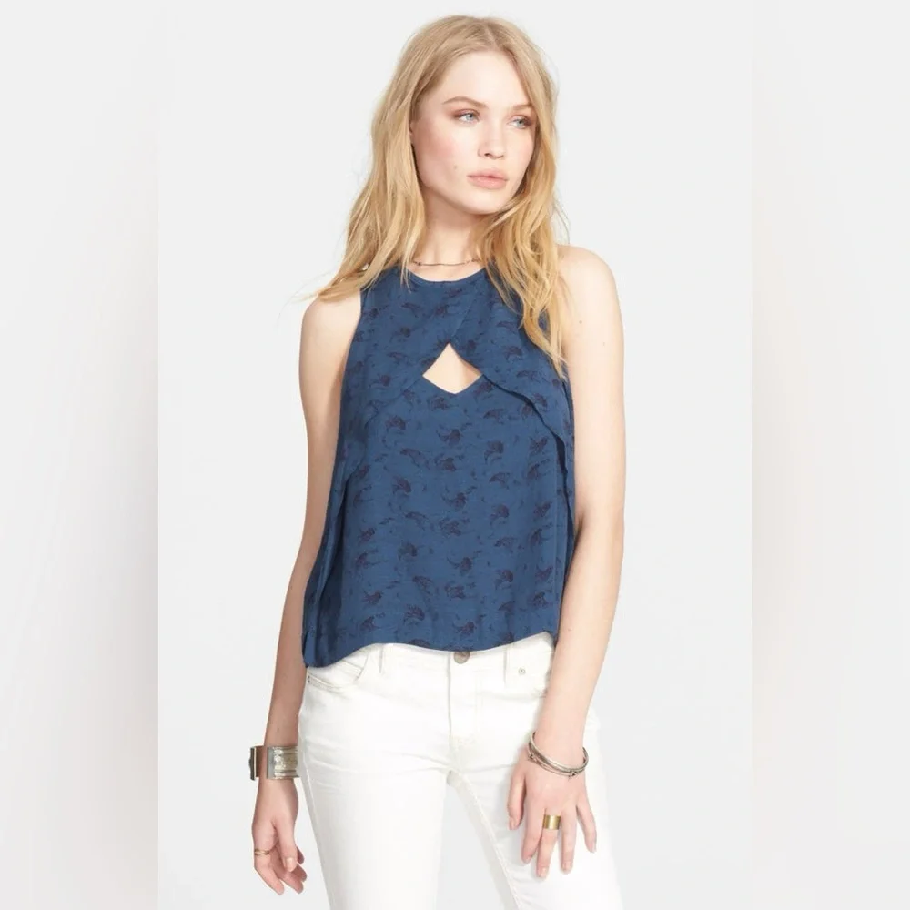 Free People Crinkle Printed Look Through Top-Indigo Combo